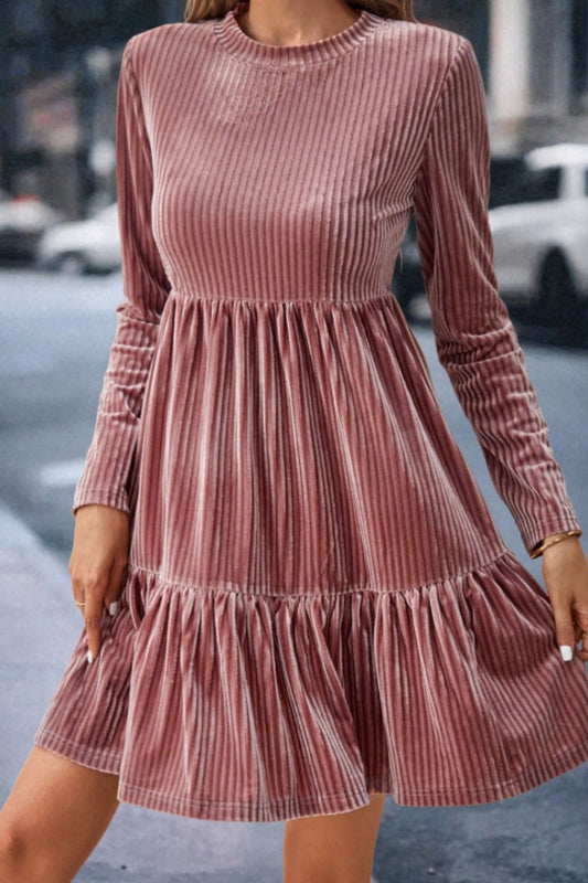 Ruffle Hem Round Neck Long Sleeve Dress - Size: M-XL