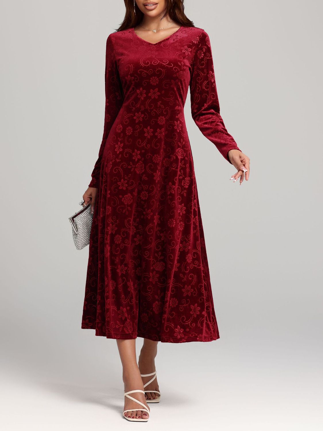 Flower Print V-Neck Long Sleeve Midi Dress - Size: S-XL