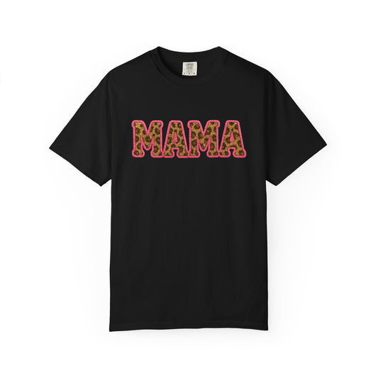 Mama & Mini - "MAMA" Adult T-shirt (Comfort Colors) - Faux Embroidery Pink Leopard DTG Graphic Tee - Size: S-4XL