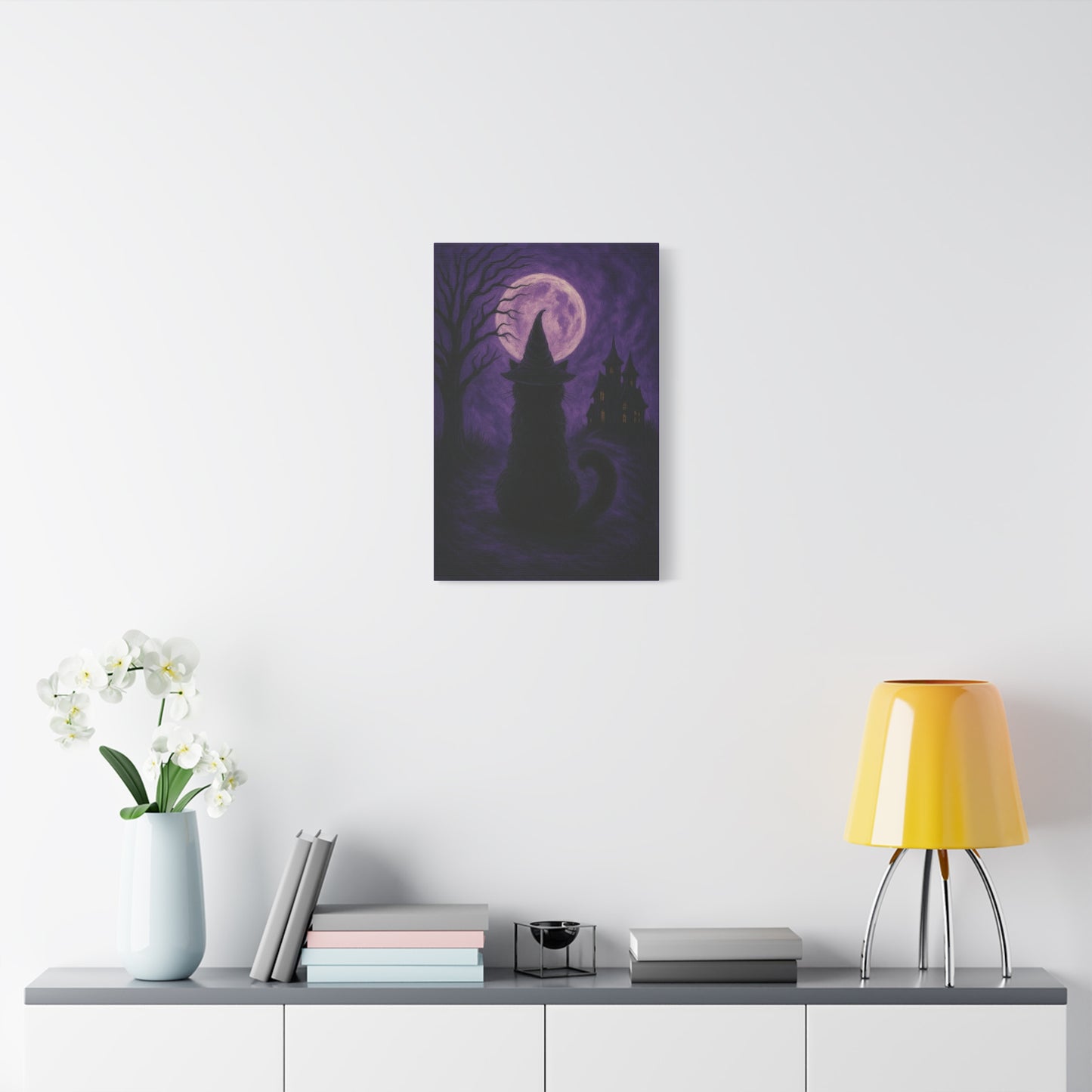 Purple Halloween Black Cat Canvas Wall Art - Vertical - 12×18" or 16×24"