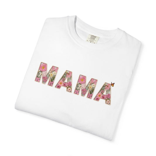 Spring Floral "MAMA" Graphic Tee (Comfort Colors) - Size: S-4XL - Cute Matching Mommy & Me Shirt, Pink Flower Lettering Mom Top, Gift for Moms