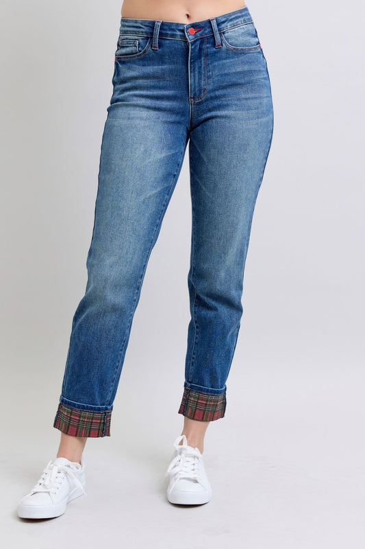 Judy Blue - Plaid Print Cuff Straight Leg Jeans with Pockets - Size: 0-24W