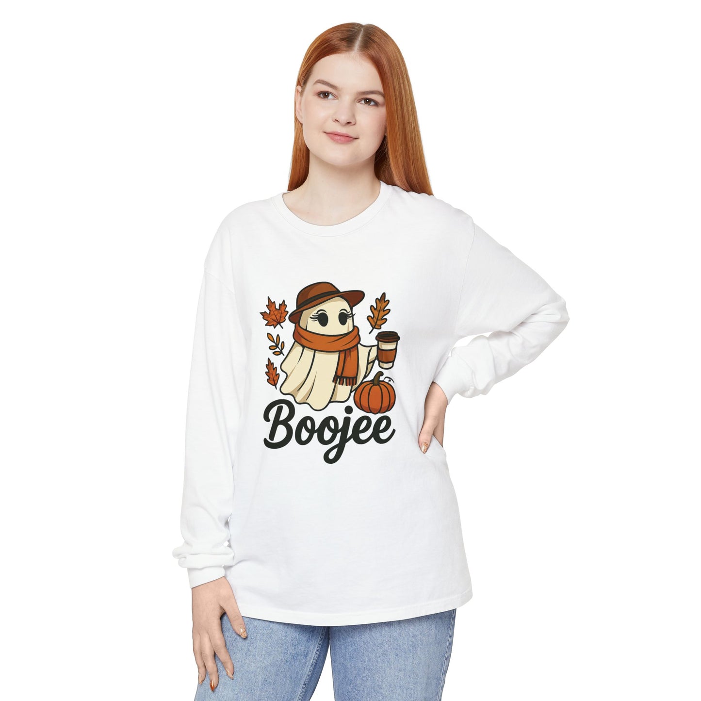 Boojee Ghost Long Sleeve Graphic T-shirt | Cozy Fall Aesthetic Tee - Size: S-3XL