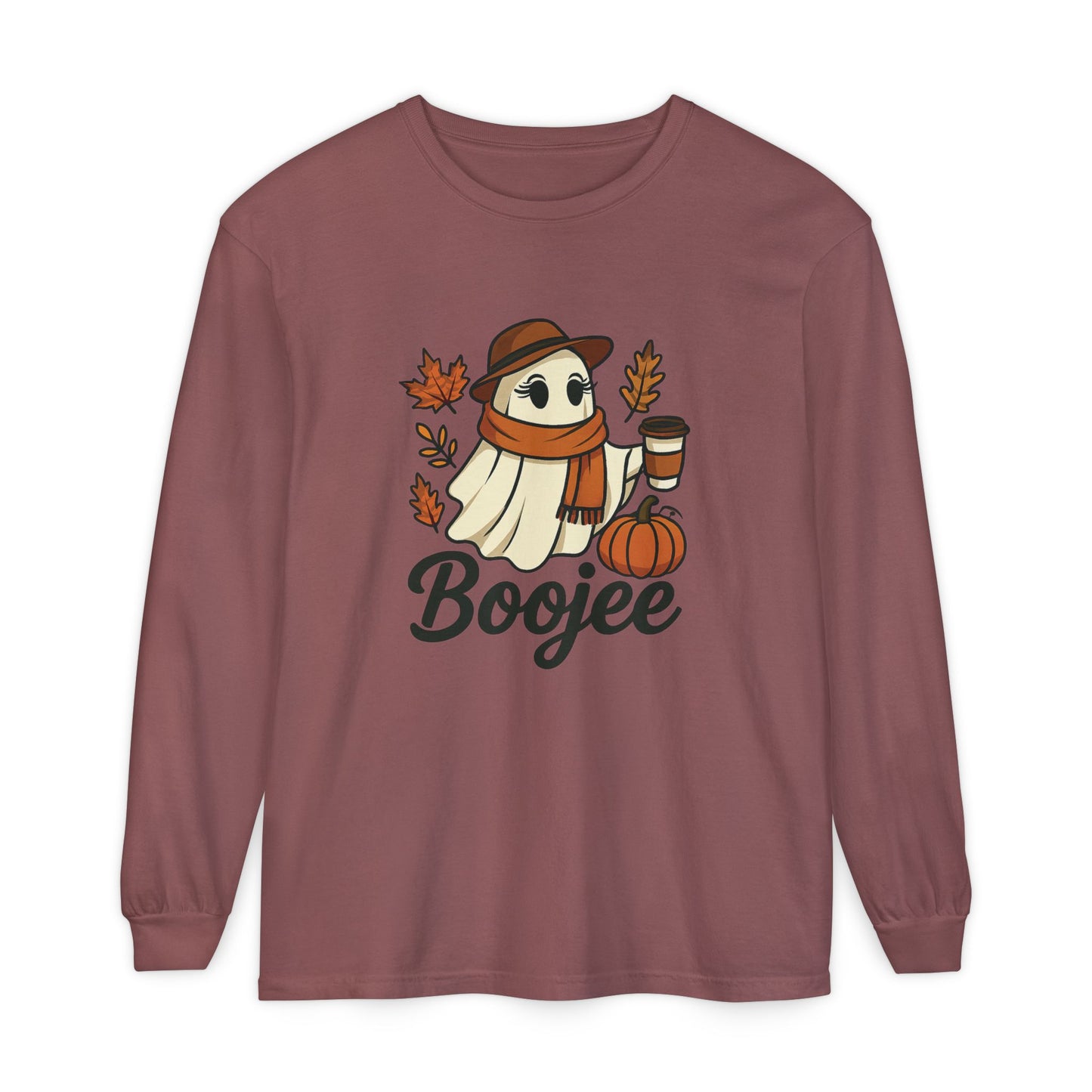 Boojee Ghost Long Sleeve Graphic T-shirt | Cozy Fall Aesthetic Tee - Size: S-3XL