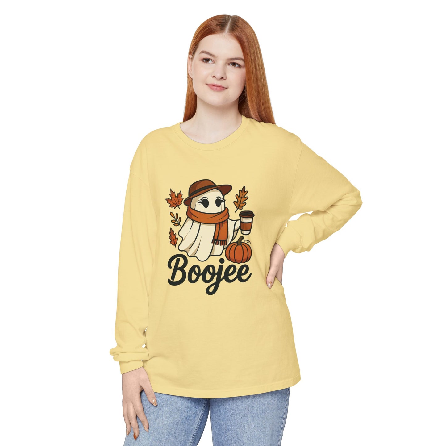 Boojee Ghost Long Sleeve Graphic T-shirt | Cozy Fall Aesthetic Tee - Size: S-3XL