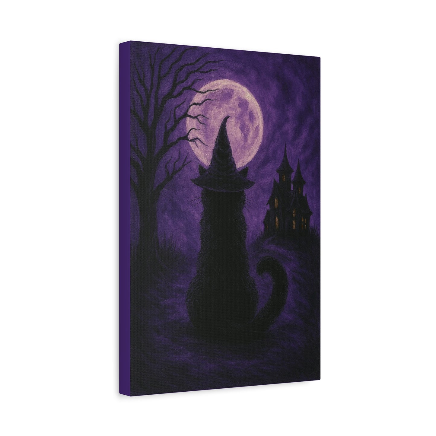 Purple Halloween Black Cat Canvas Wall Art - Vertical - 12×18" or 16×24"