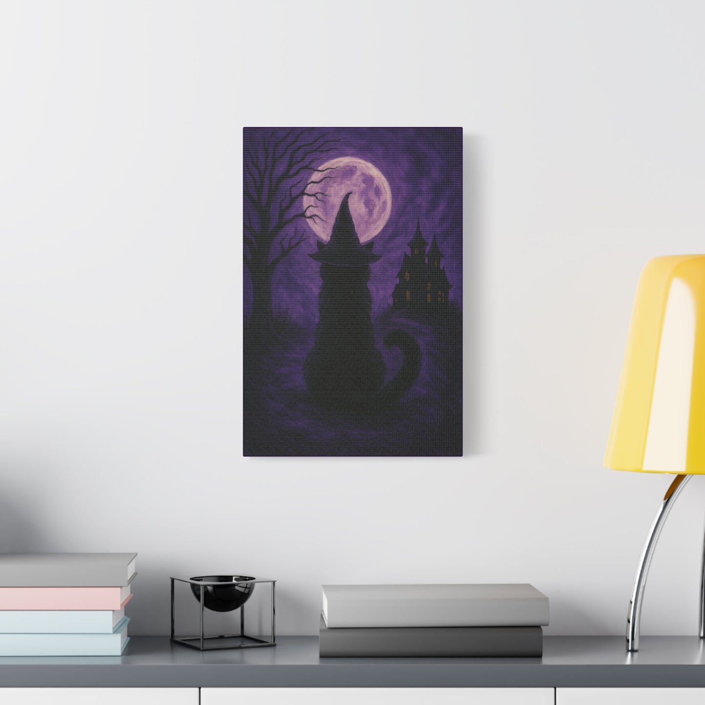 Purple Halloween Black Cat Canvas Wall Art - Vertical - 12×18" or 16×24"