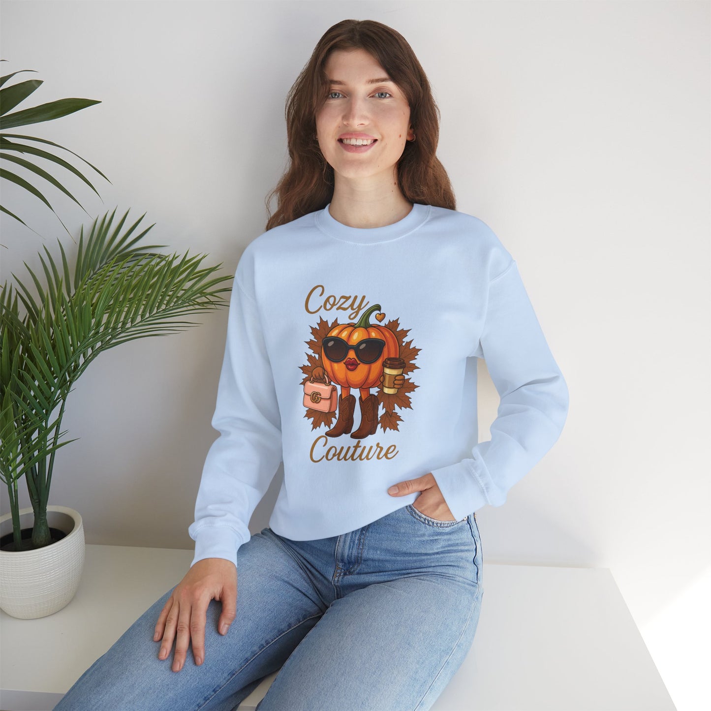 Cozy Couture Fall Pumpkin Graphic Sweatshirt - Unisex Crewneck (Gildan) - Size: S-3XL