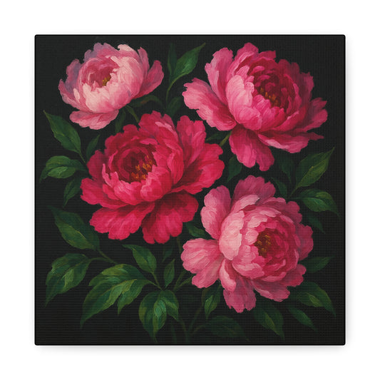 10×10" or 20x20" - Peony Bloom Matte Canvas Wall Art – Bold Pink Floral on Black Background for Modern Home Decor