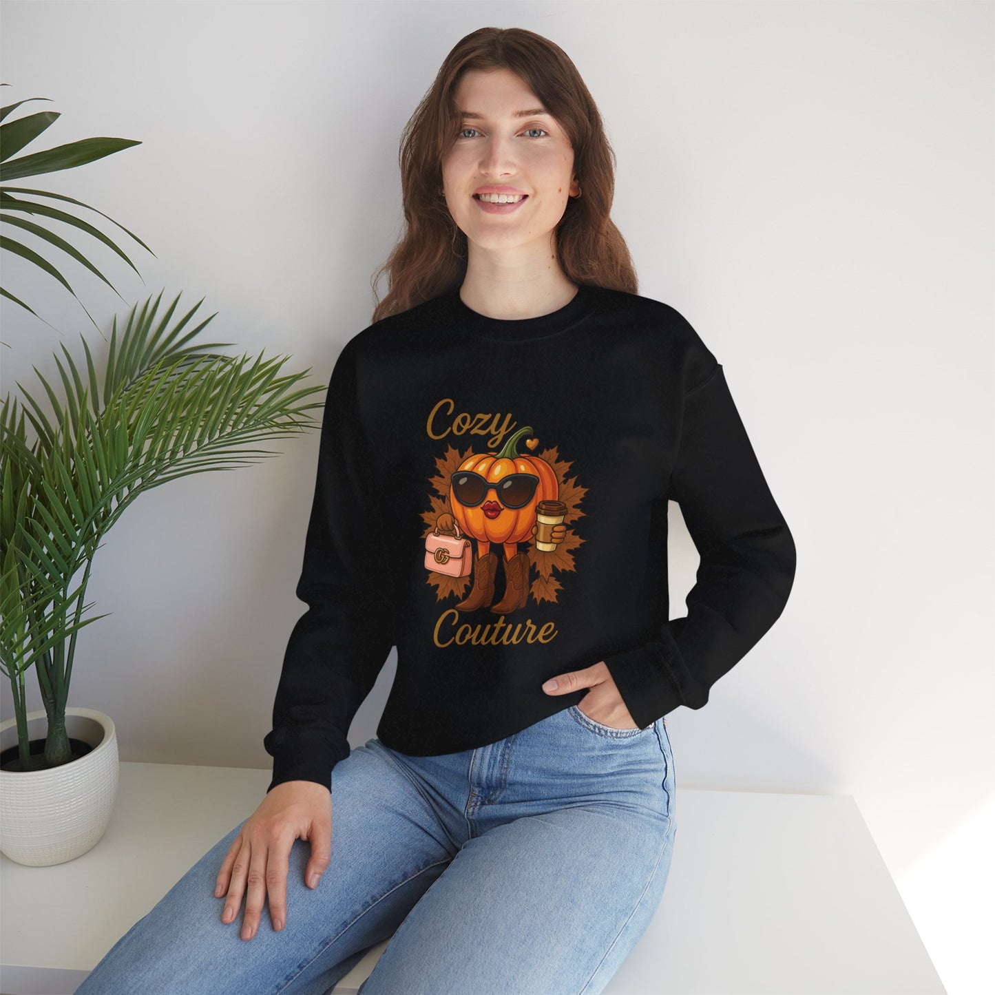 Cozy Couture Fall Pumpkin Graphic Sweatshirt - Unisex Crewneck (Gildan) - Size: S-3XL