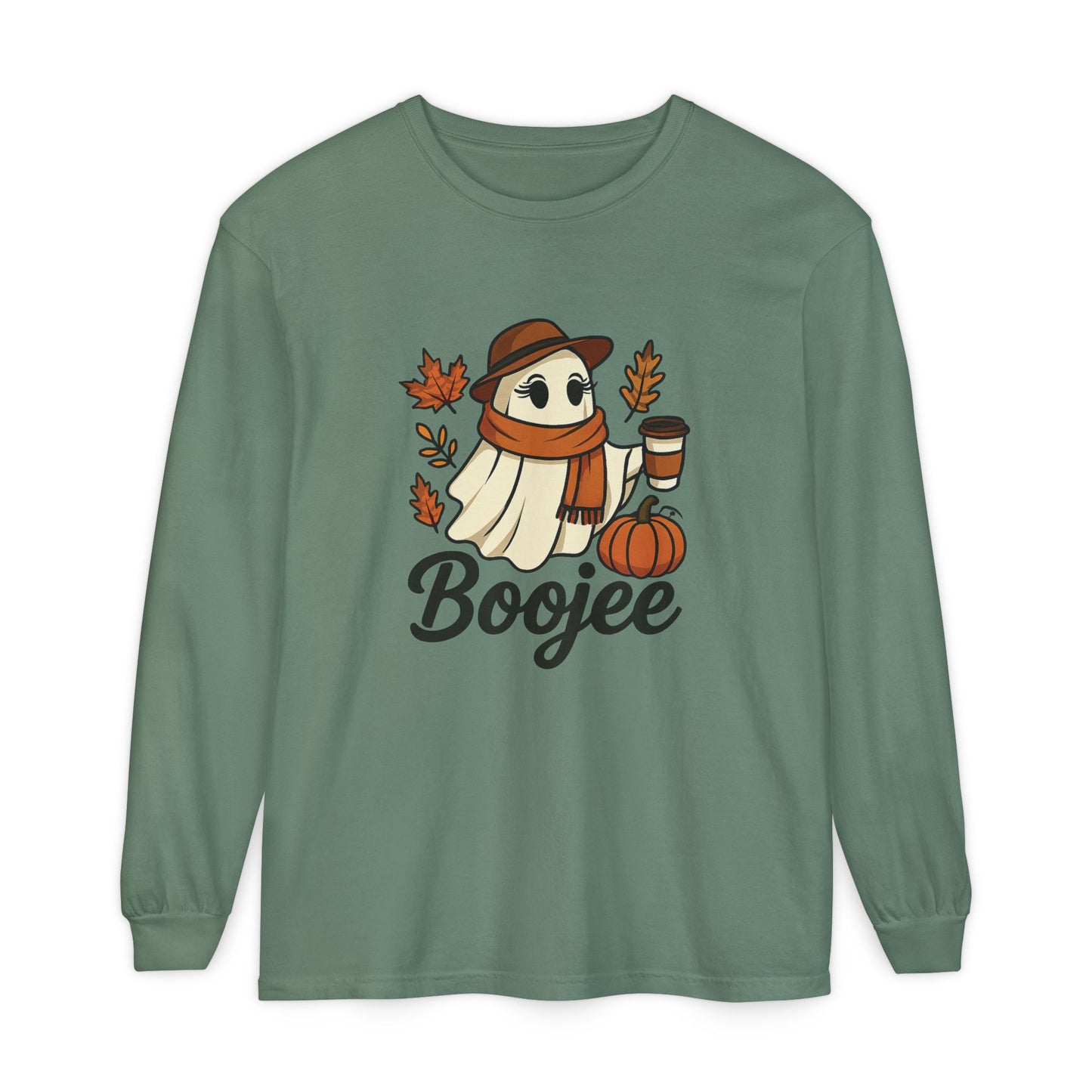 Boojee Ghost Long Sleeve Graphic T-shirt | Cozy Fall Aesthetic Tee - Size: S-3XL