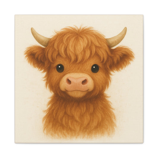 Cute Highland Cow Canvas Wall Art, Home Decor for Animal Lovers, Gift for Nursery or Children, Farmhouse Style, Cute Cow Print - Stretched Matte Canvas - Size: 10×10" or 20×20"