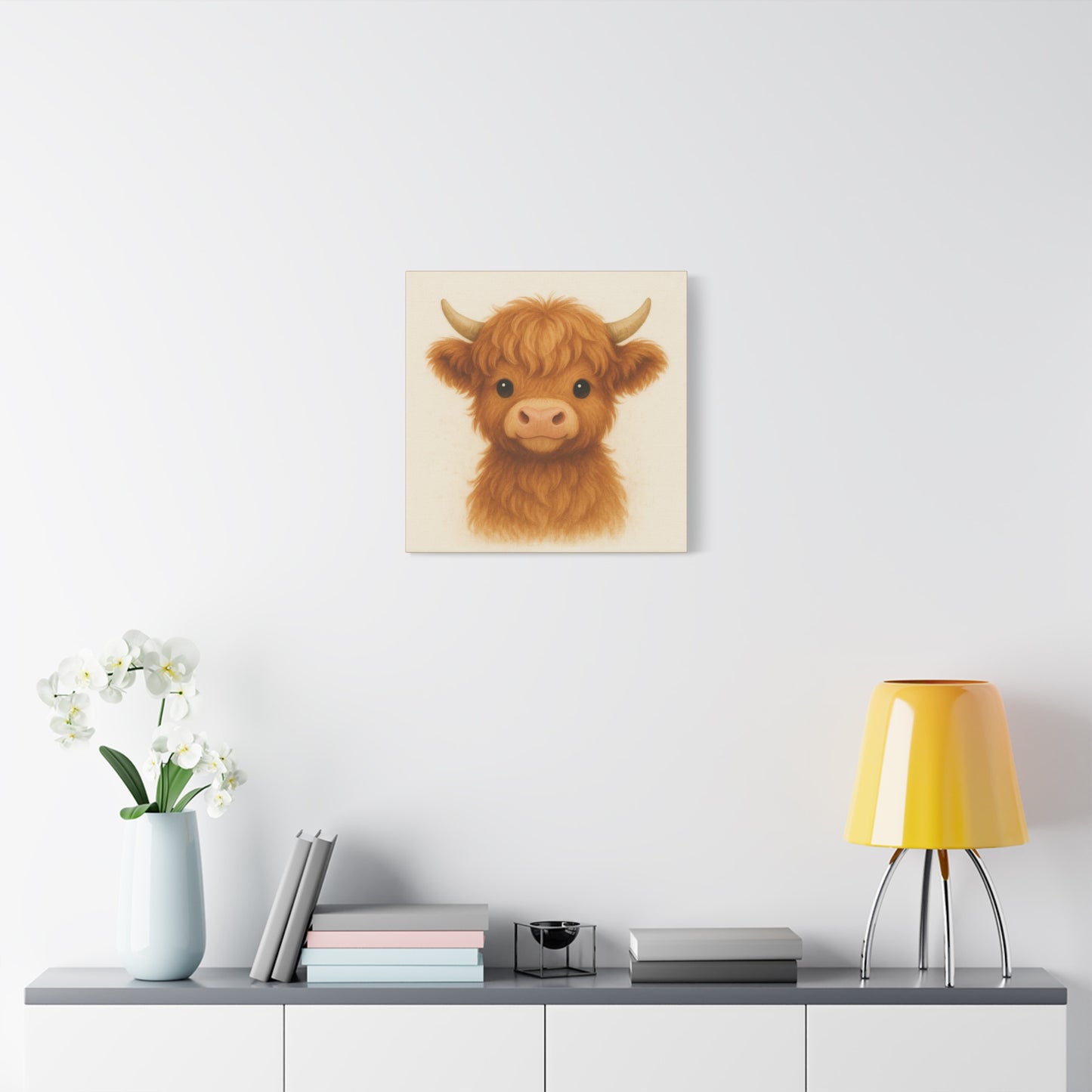 Cute Highland Cow Canvas Wall Art, Home Decor for Animal Lovers, Gift for Nursery or Children, Farmhouse Style, Cute Cow Print - Stretched Matte Canvas - Size: 10×10" or 20×20"