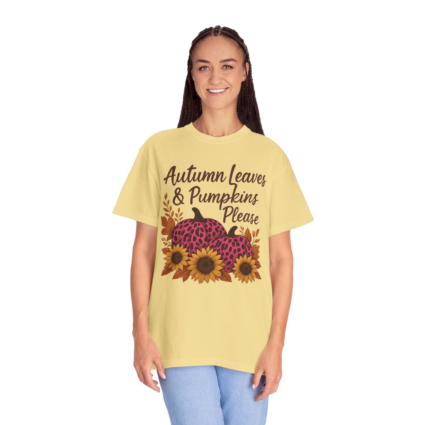 Autumn Leaves & Pumpkins Please - Fall Graphic T-Shirt (Comfort Colors) - Size: S-4XL