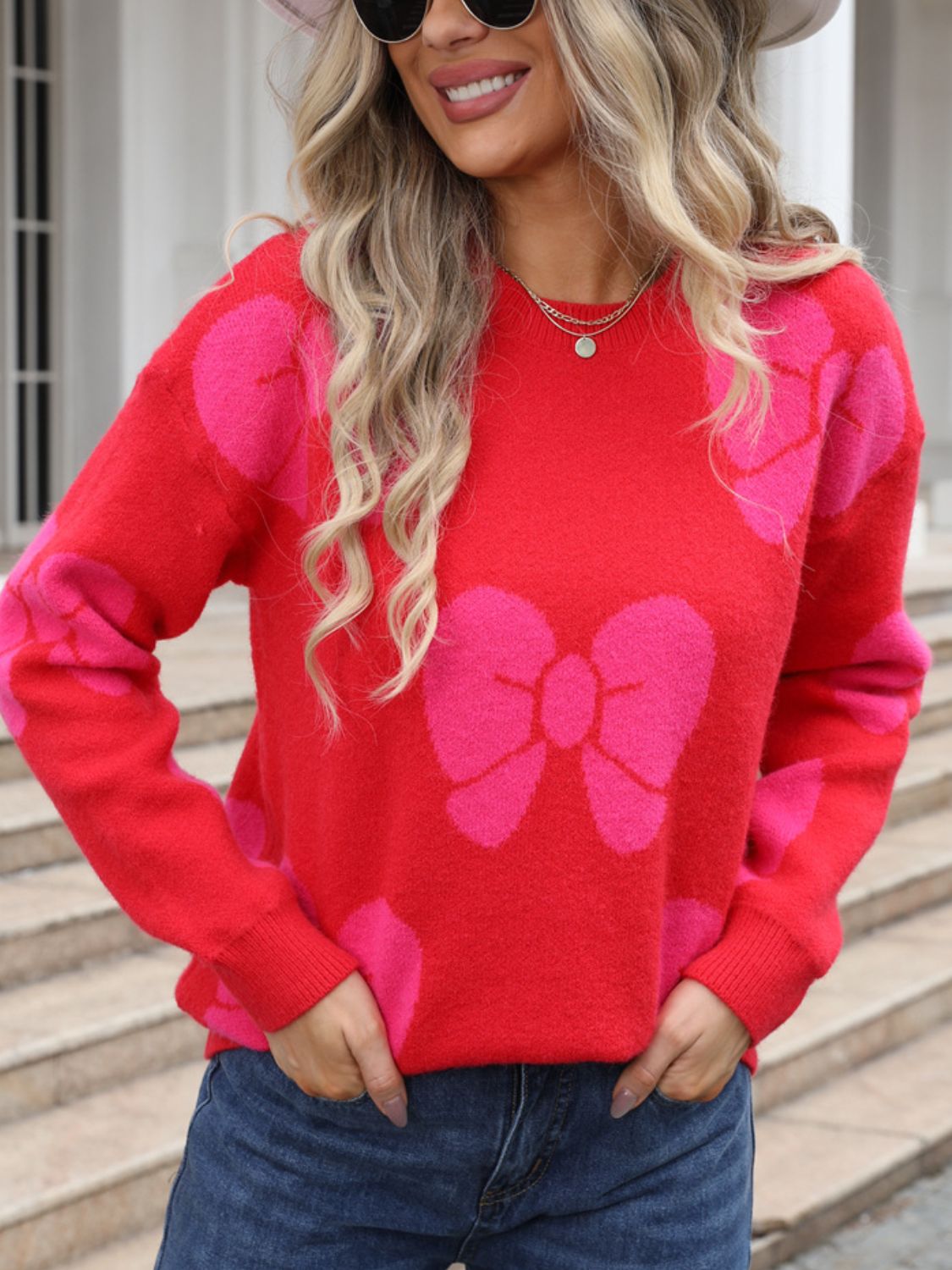 Angel Wings - Bow Round Neck Dropped Shoulder Sweater