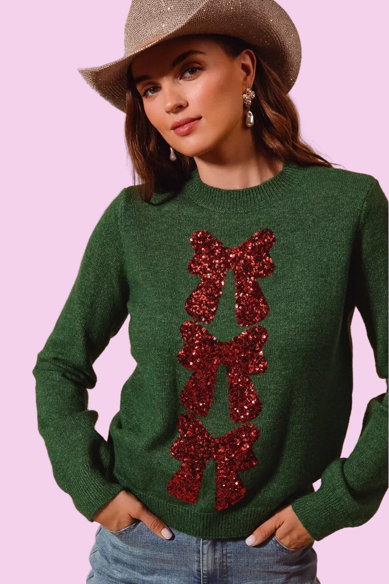 SO ME - Sequins Bow Ribbon Embellished Christmas Sweater - Size: S-XL