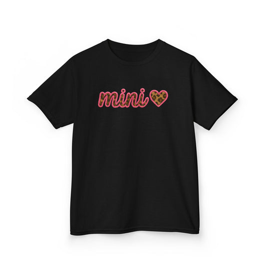 Mama & Mini - "Mini" Youth T-shirt (Gildan) - Faux Embroidery Pink Leopard Print DTG Kids Tee - Size: YXS-YXL