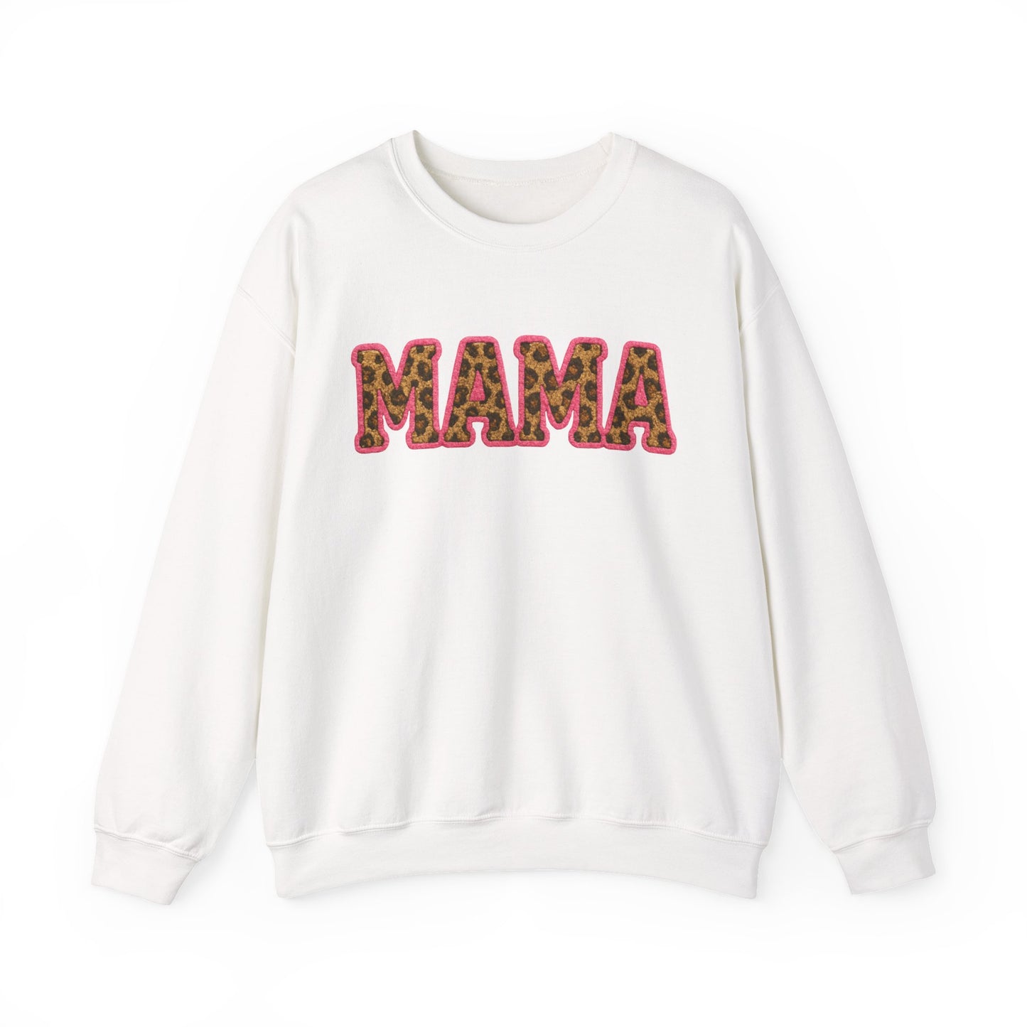 Mama & Mini "Mama" Faux Embroidery Pink Leopard Print DTG Graphic Crewneck Sweatshirt - Size: S-5XL
