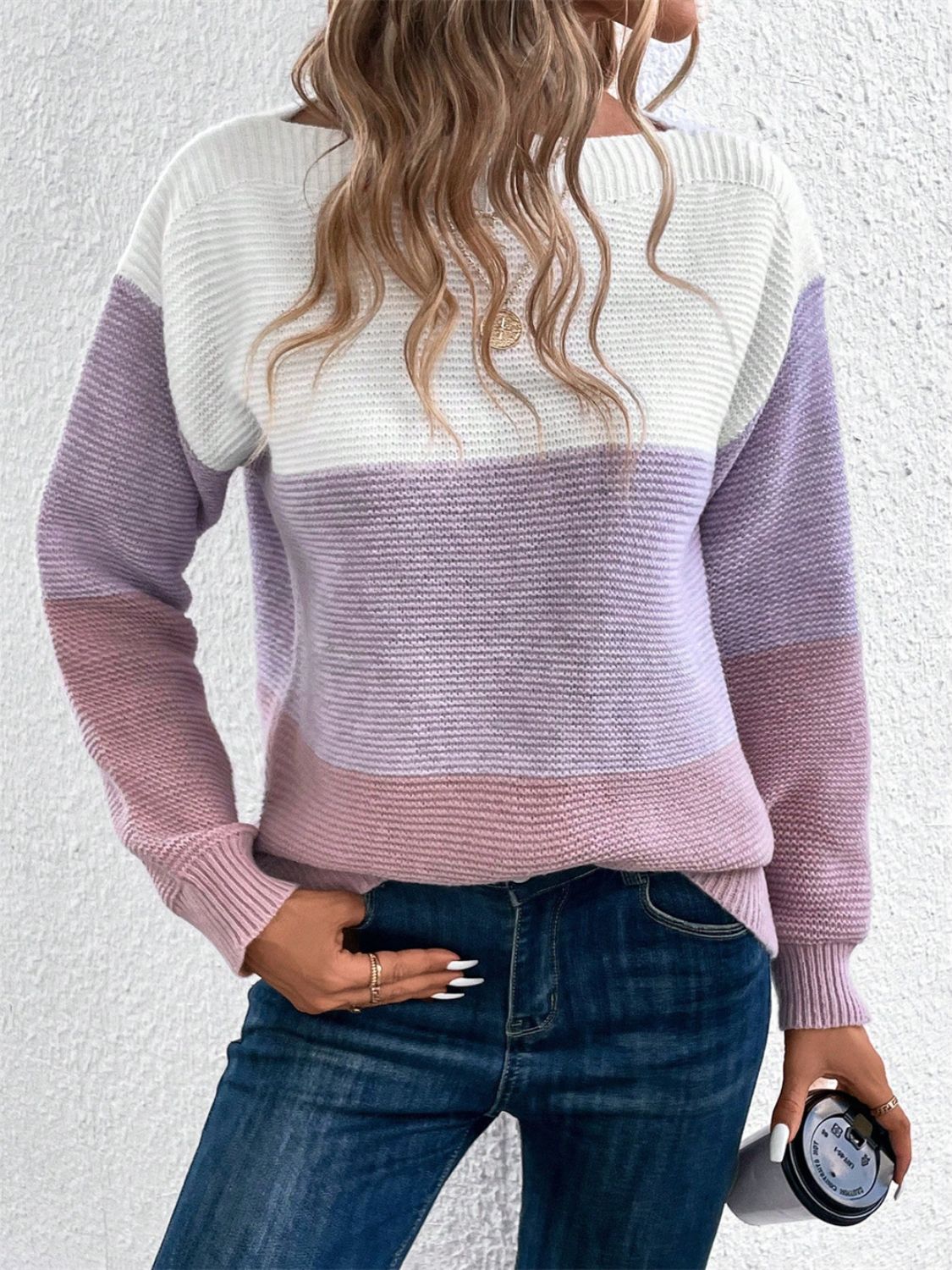 Color Block Drop Shoulder Long Sleeve Sweater - Size: S-XL