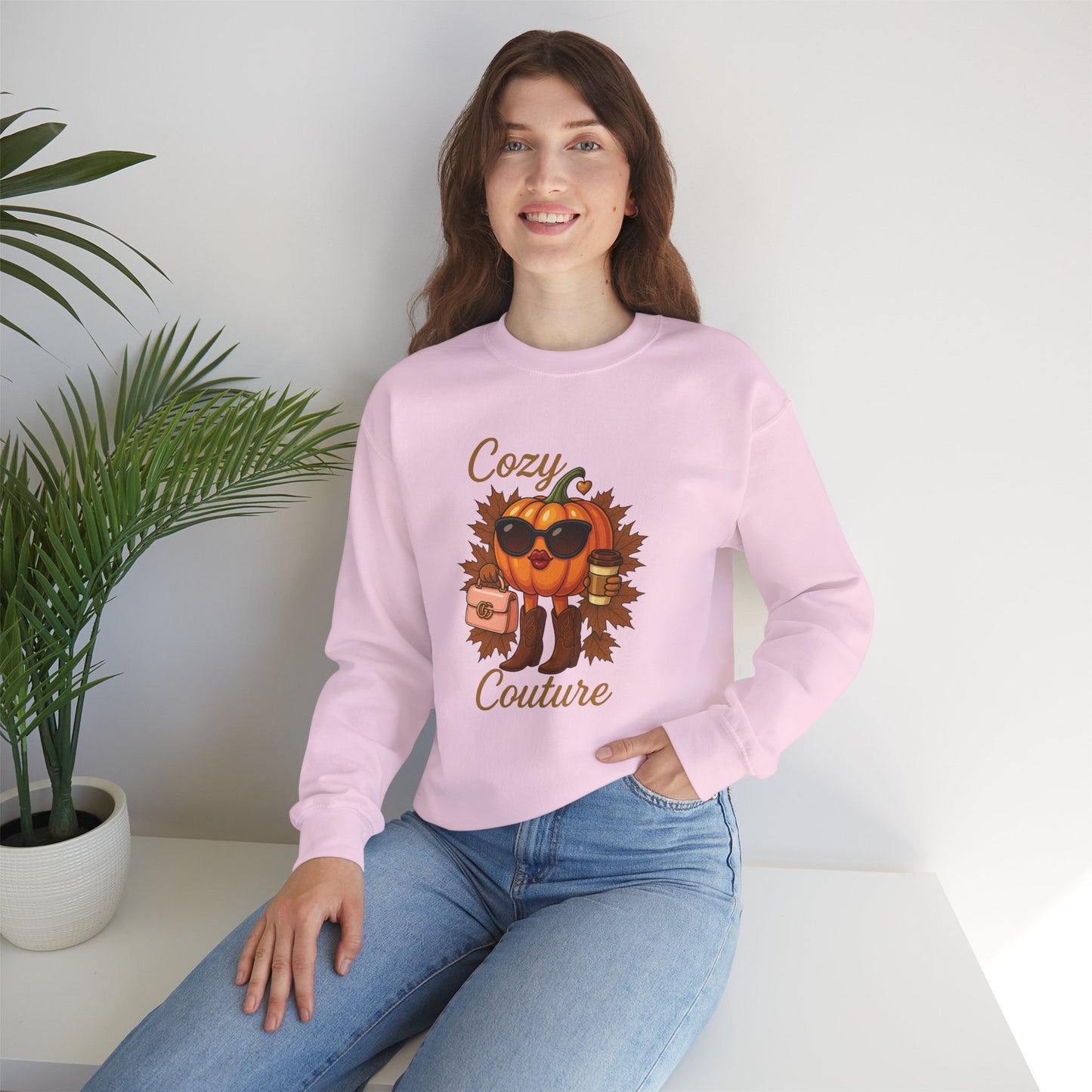Cozy Couture Fall Pumpkin Graphic Sweatshirt - Unisex Crewneck (Gildan) - Size: S-3XL