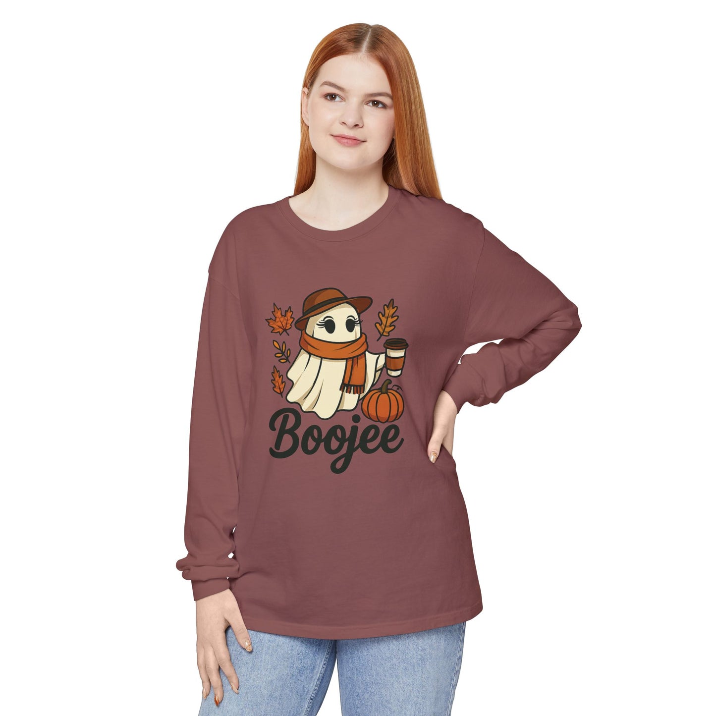 Boojee Ghost Long Sleeve Graphic T-shirt | Cozy Fall Aesthetic Tee - Size: S-3XL