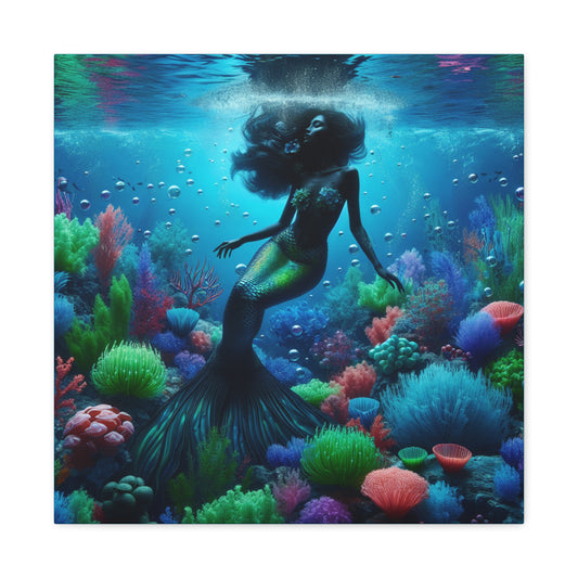 Enchanting Mermaid Canvas Art Print, Ocean Decor, Underwater Wall Art, Sea Life Home Decoration, Gift for Ocean Lovers - Stretched Matte Canvas, 10×10 or 20×20