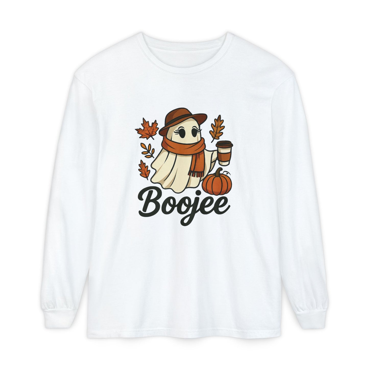 Boojee Ghost Long Sleeve Graphic T-shirt | Cozy Fall Aesthetic Tee - Size: S-3XL