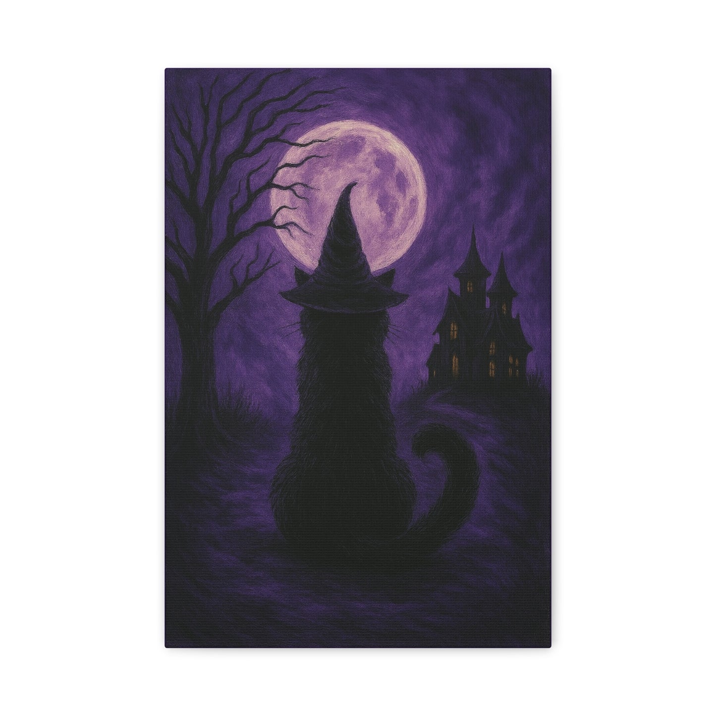 Purple Halloween Black Cat Canvas Wall Art - Vertical - 12×18" or 16×24"