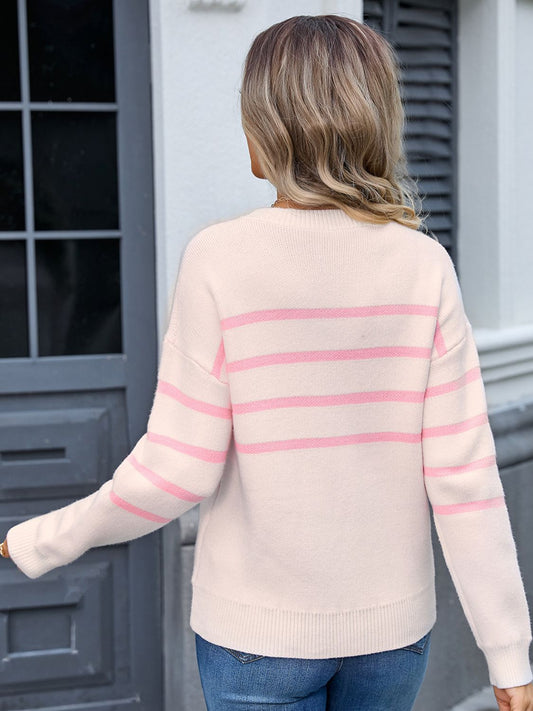 Angel Wings - Striped Round Neck Long Sleeve Sweater - Size: S-XL