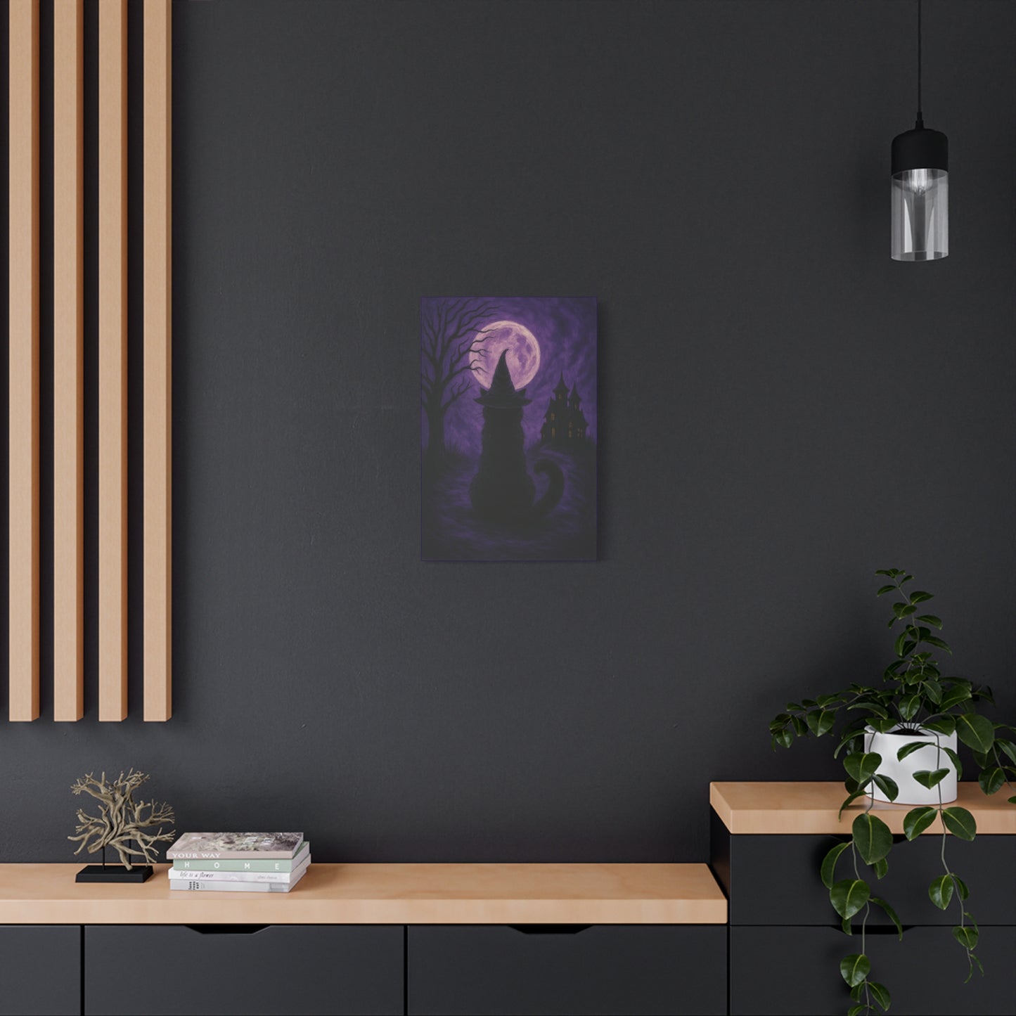 Purple Halloween Black Cat Canvas Wall Art - Vertical - 12×18" or 16×24"