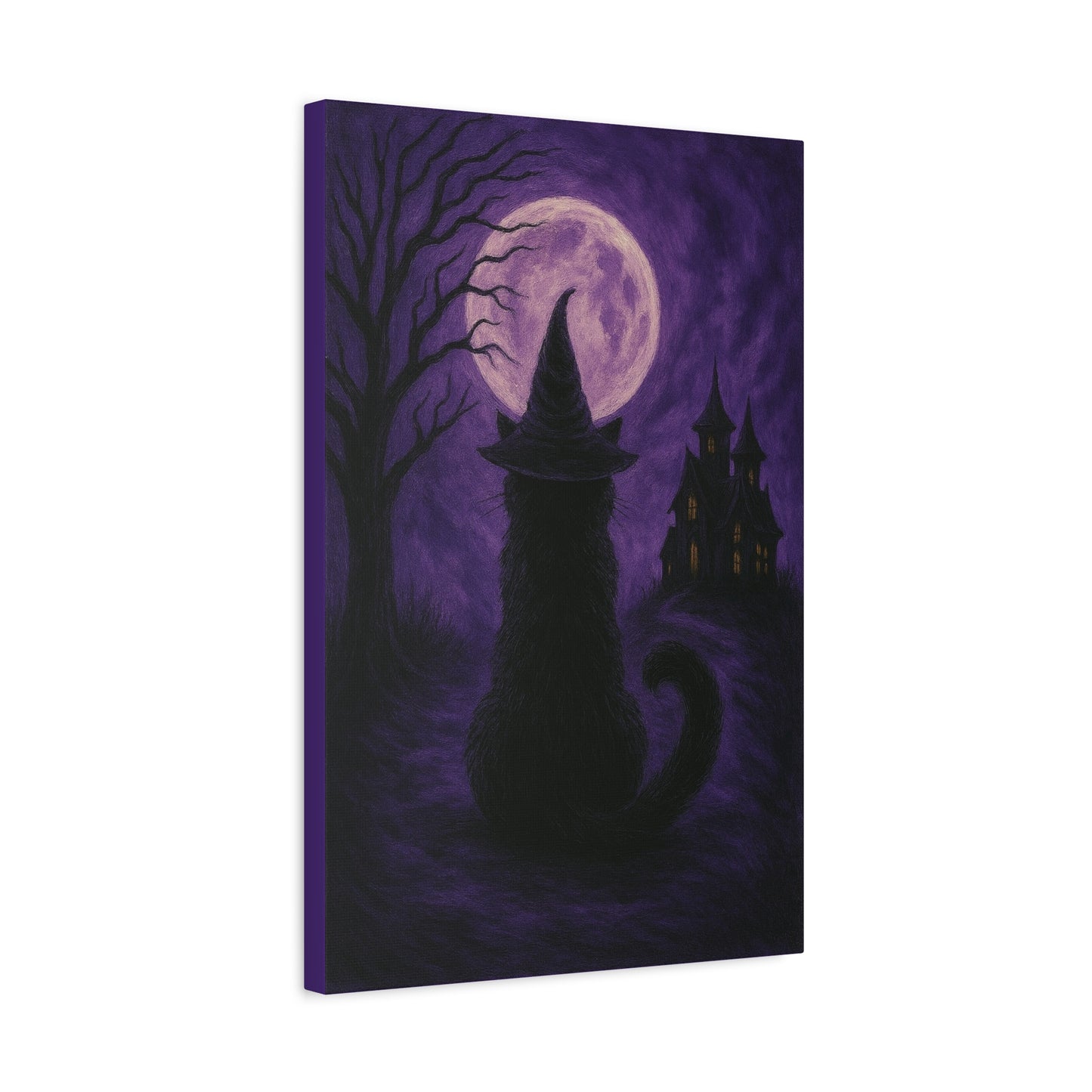 Purple Halloween Black Cat Canvas Wall Art - Vertical - 12×18" or 16×24"