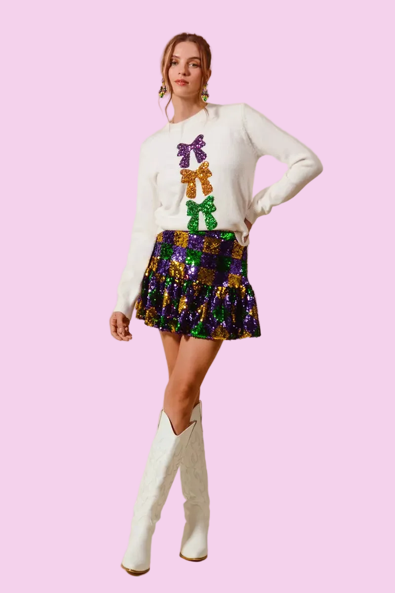 SO ME - Mardi Gras Checker Sequins Mini Skirt - Size: S-XL