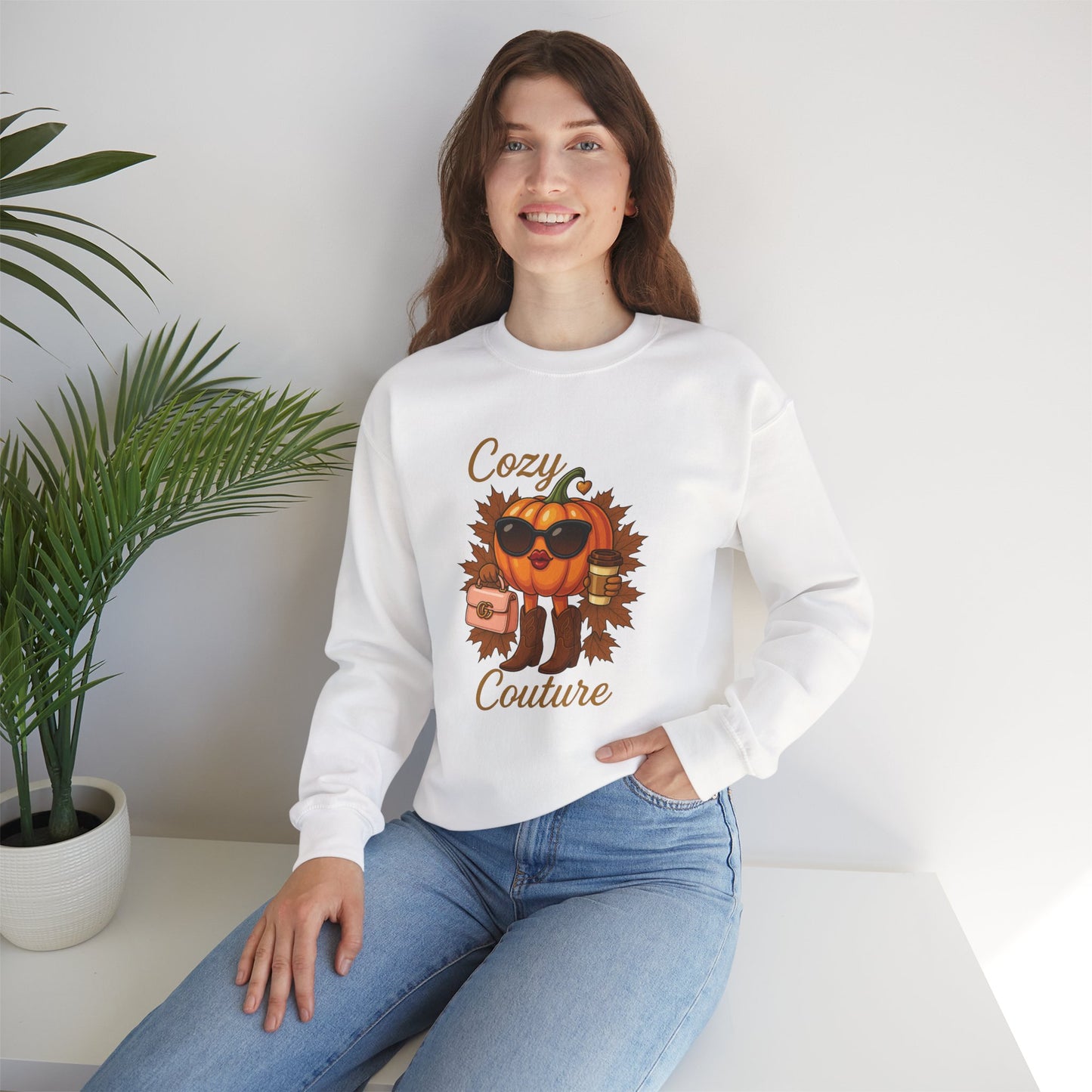 Cozy Couture Fall Pumpkin Graphic Sweatshirt - Unisex Crewneck (Gildan) - Size: S-3XL