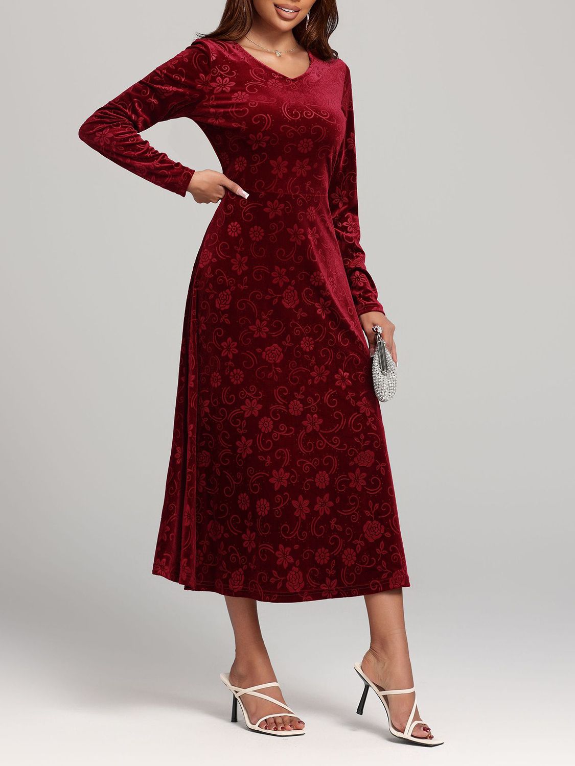 Flower Print V-Neck Long Sleeve Midi Dress - Size: S-XL