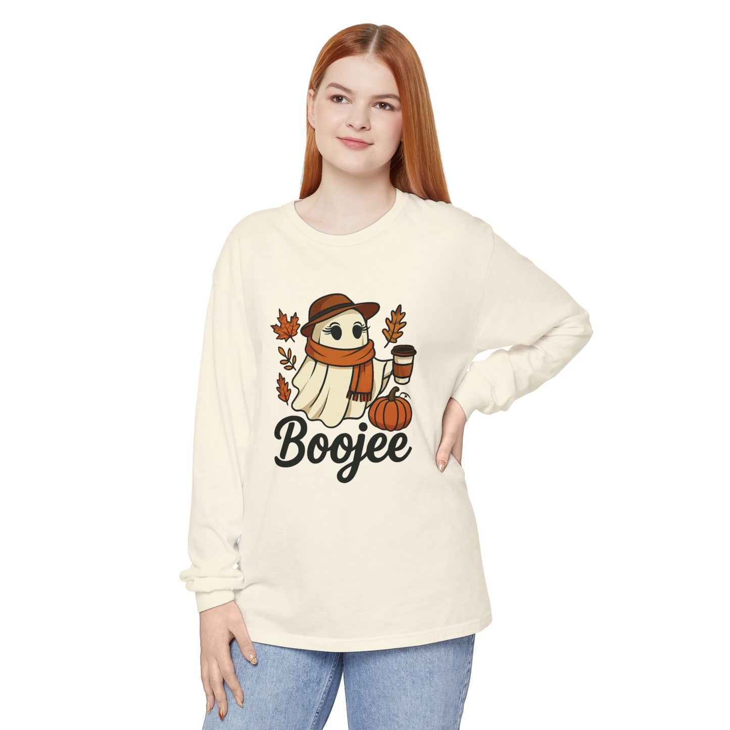 Boojee Ghost Long Sleeve Graphic T-shirt | Cozy Fall Aesthetic Tee - Size: S-3XL