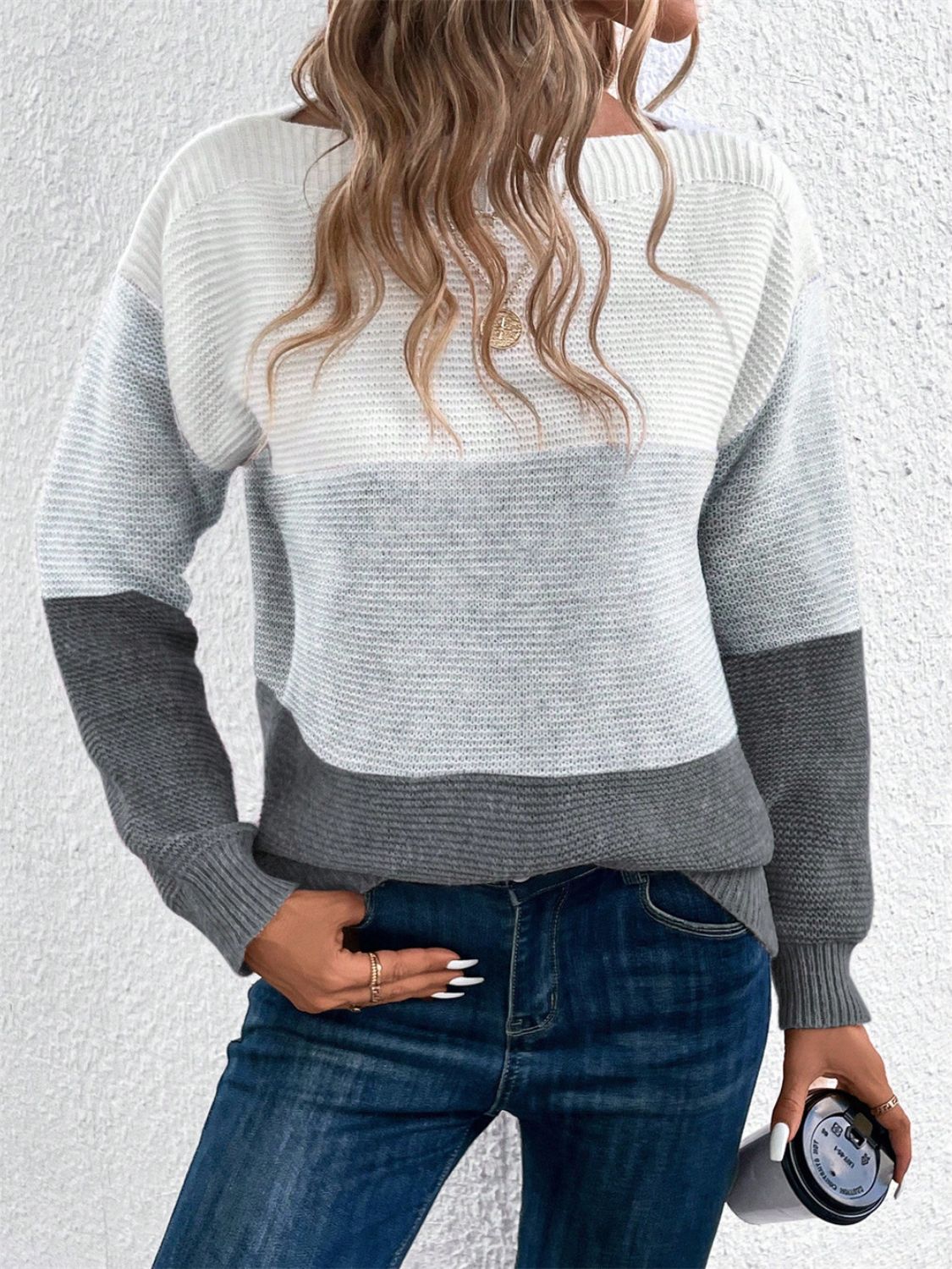 Color Block Drop Shoulder Long Sleeve Sweater - Size: S-XL