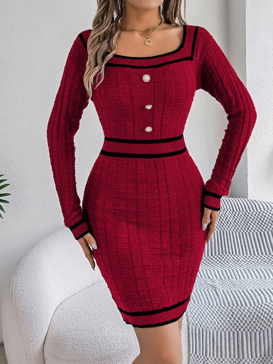Contrast Trim Long Sleeve Sweater Dress - Size: S-XL