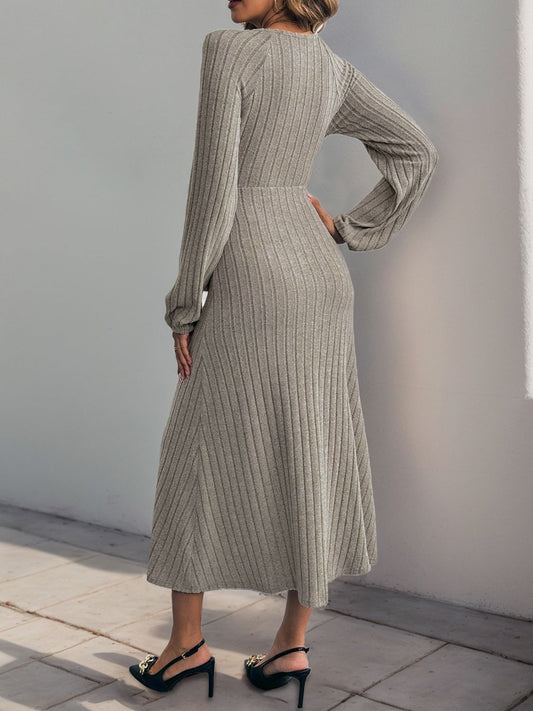 Perfee - Ribbed Tied Surplice Long Sleeve Dress - Size: S-XL