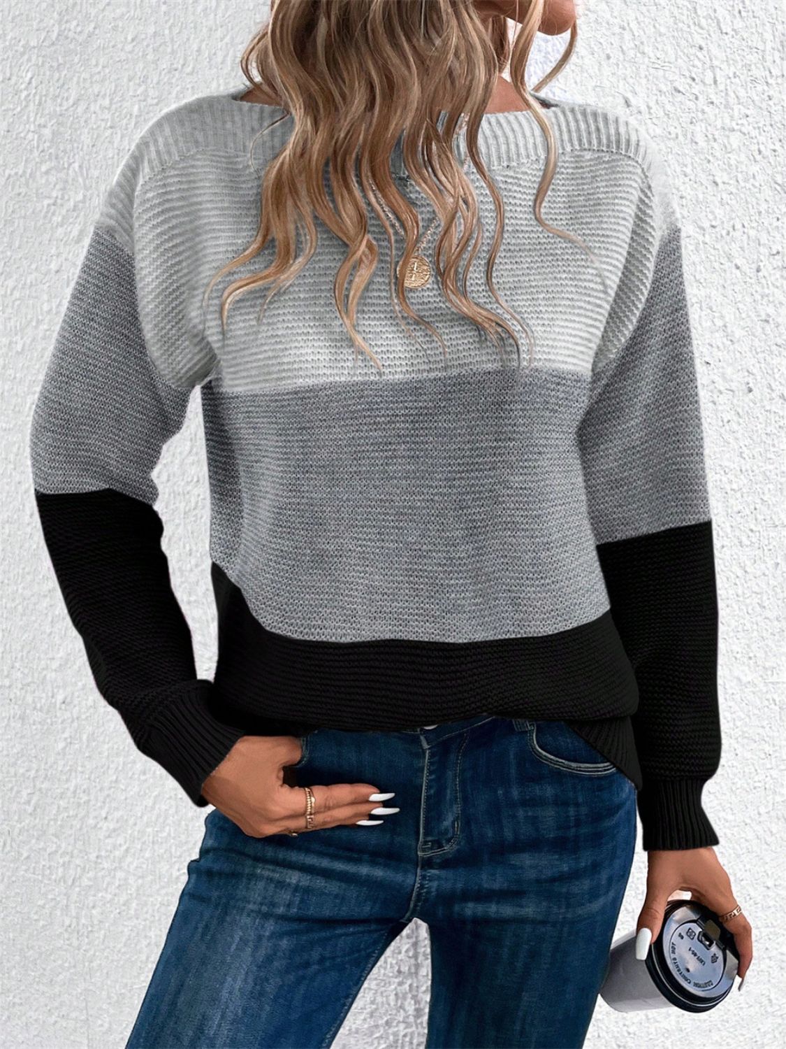 Color Block Drop Shoulder Long Sleeve Sweater - Size: S-XL