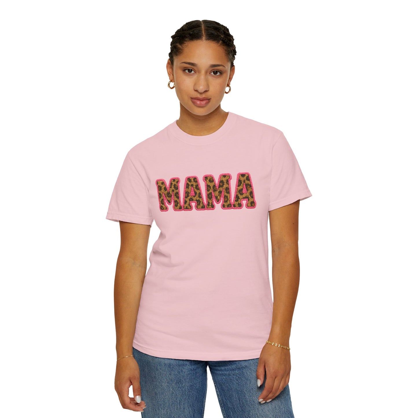 Mama & Mini - "MAMA" Adult T-shirt (Comfort Colors) - Faux Embroidery Pink Leopard DTG Graphic Tee - Size: S-4XL