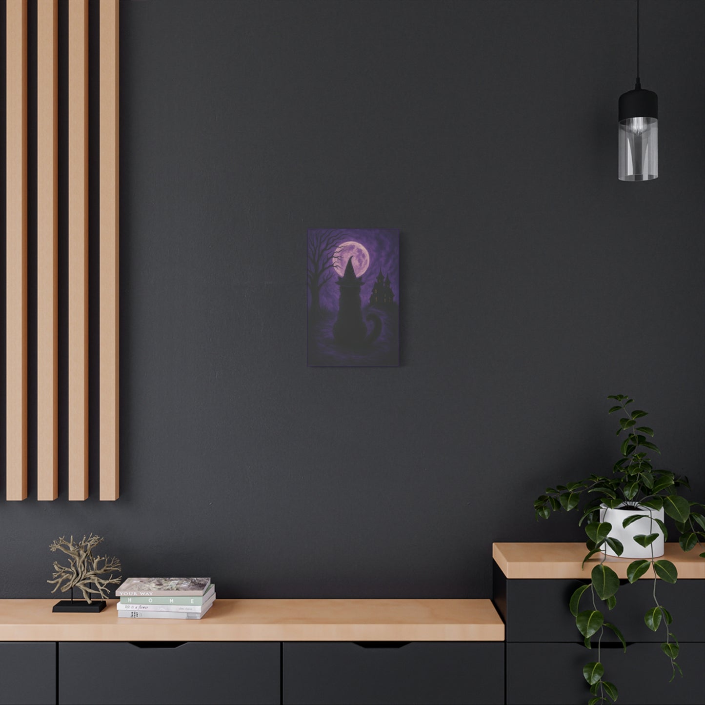 Purple Halloween Black Cat Canvas Wall Art - Vertical - 12×18" or 16×24"