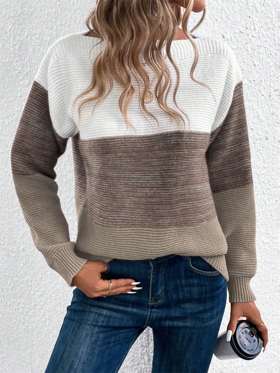 Color Block Drop Shoulder Long Sleeve Sweater - Size: S-XL