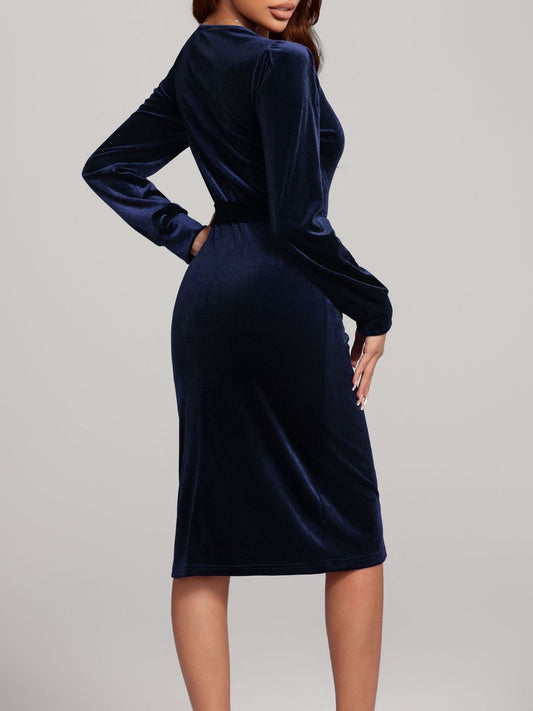 Round Neck Tie Waist Long Sleeve Velvet Dress - Size: S-XL