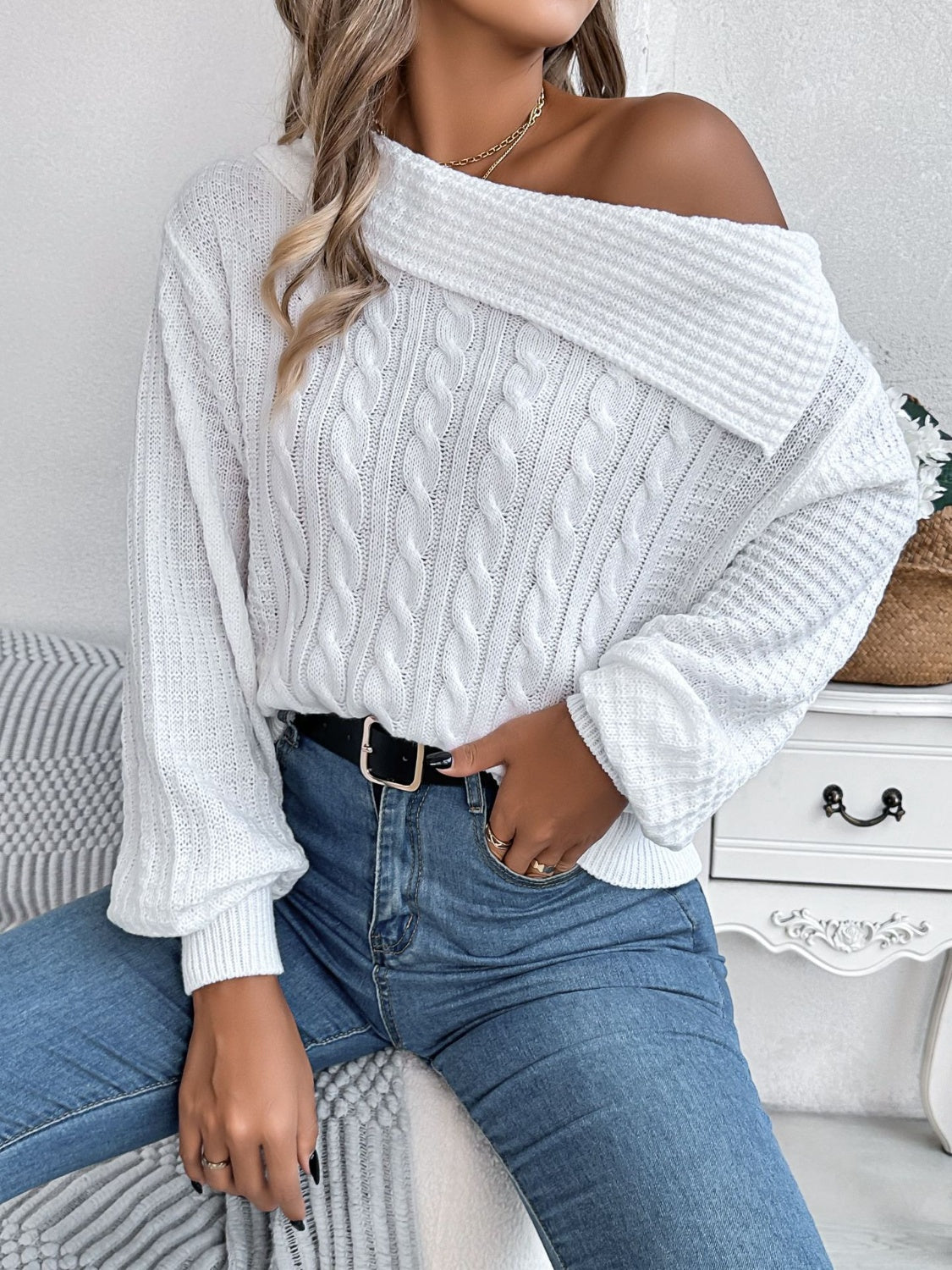 Cable-Knit One Shoulder Long Sleeve Sweater - Size: S-XL