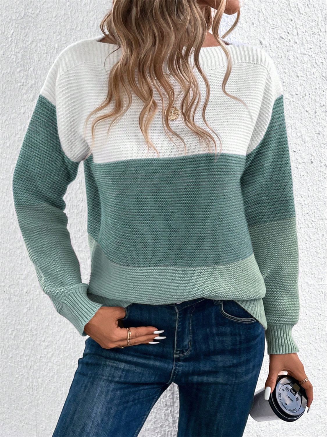 Color Block Drop Shoulder Long Sleeve Sweater - Size: S-XL