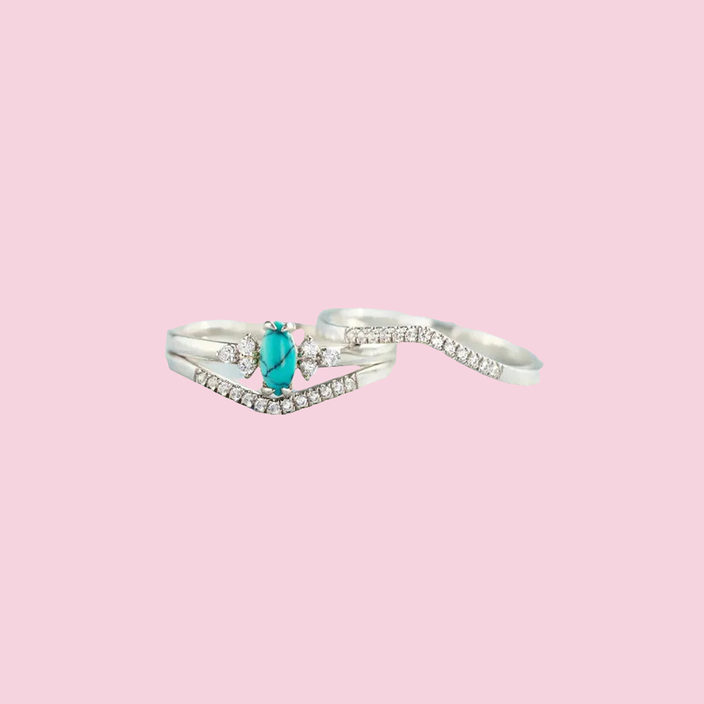 Artificial Turquoise V Shape Inlaid Zircon Ring