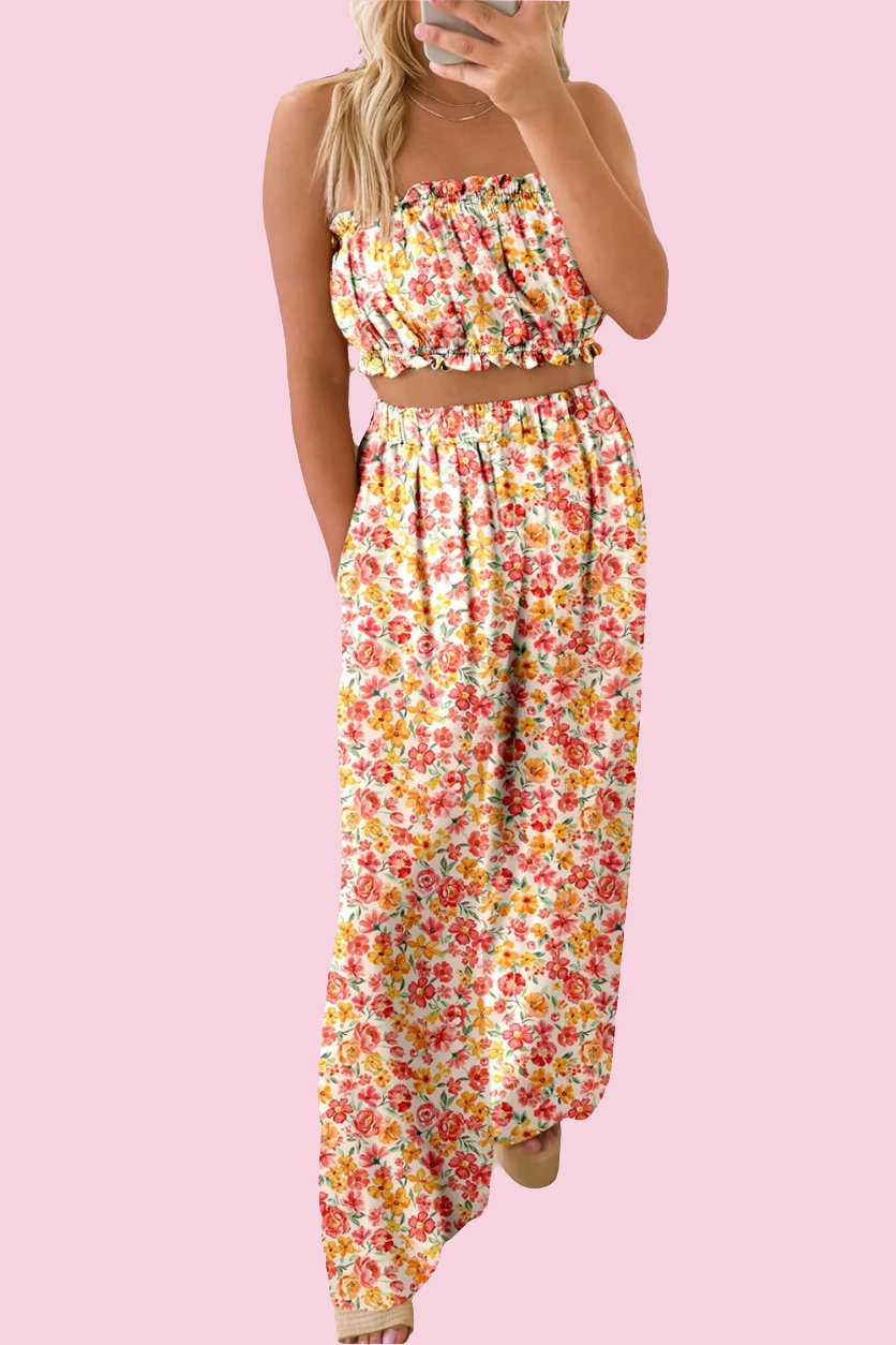 Boho Floral Bandeau Top and High Waist Wide Leg Pants Set - Size: S-XL