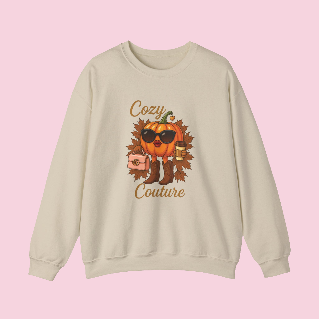 Cozy Couture Fall Pumpkin Graphic Sweatshirt - Unisex Crewneck (Gildan) - Size: S-3XL