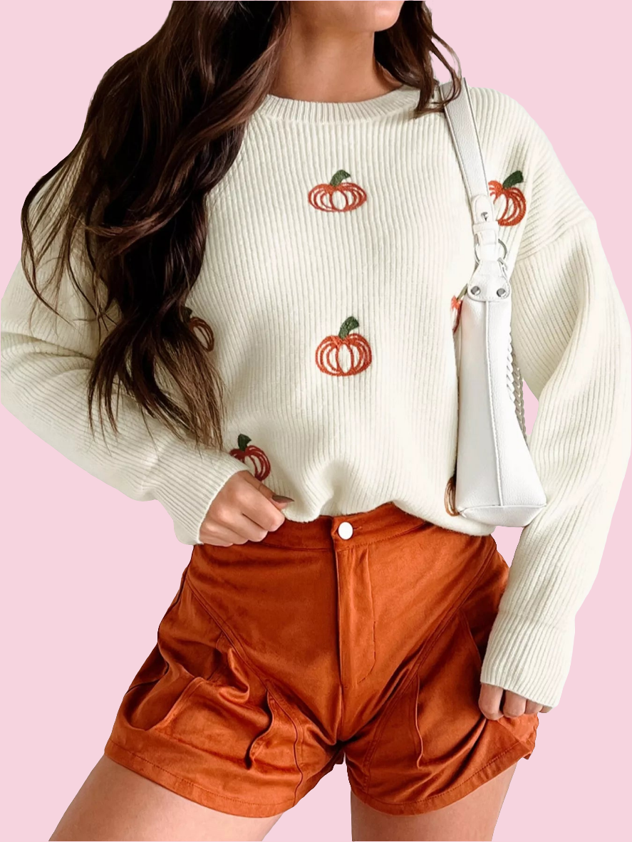 Halloween Pumpkin Embroidered Round Neck Long Sleeve Sweater - Size: M-XL