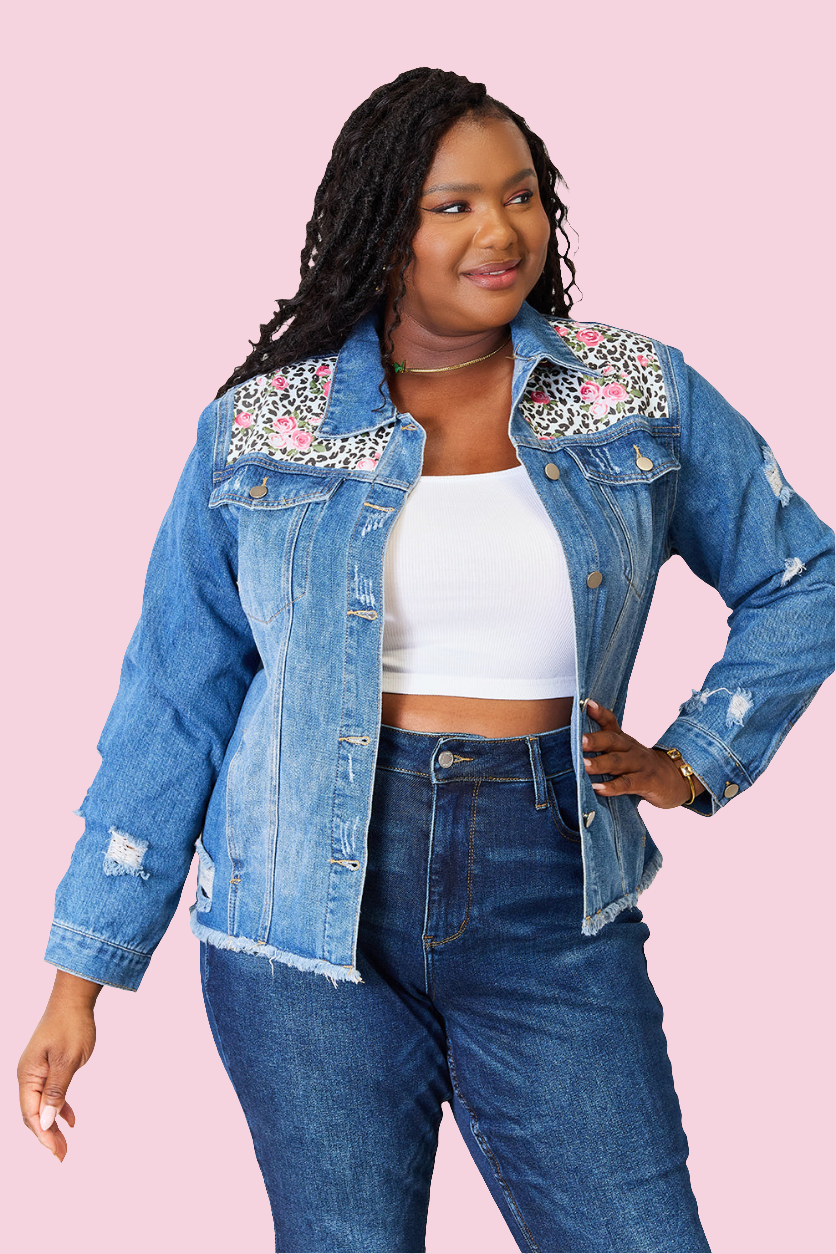 Baeful - Leopard Floral Distressed Raw Hem Denim Jacket - Size: S-2XL